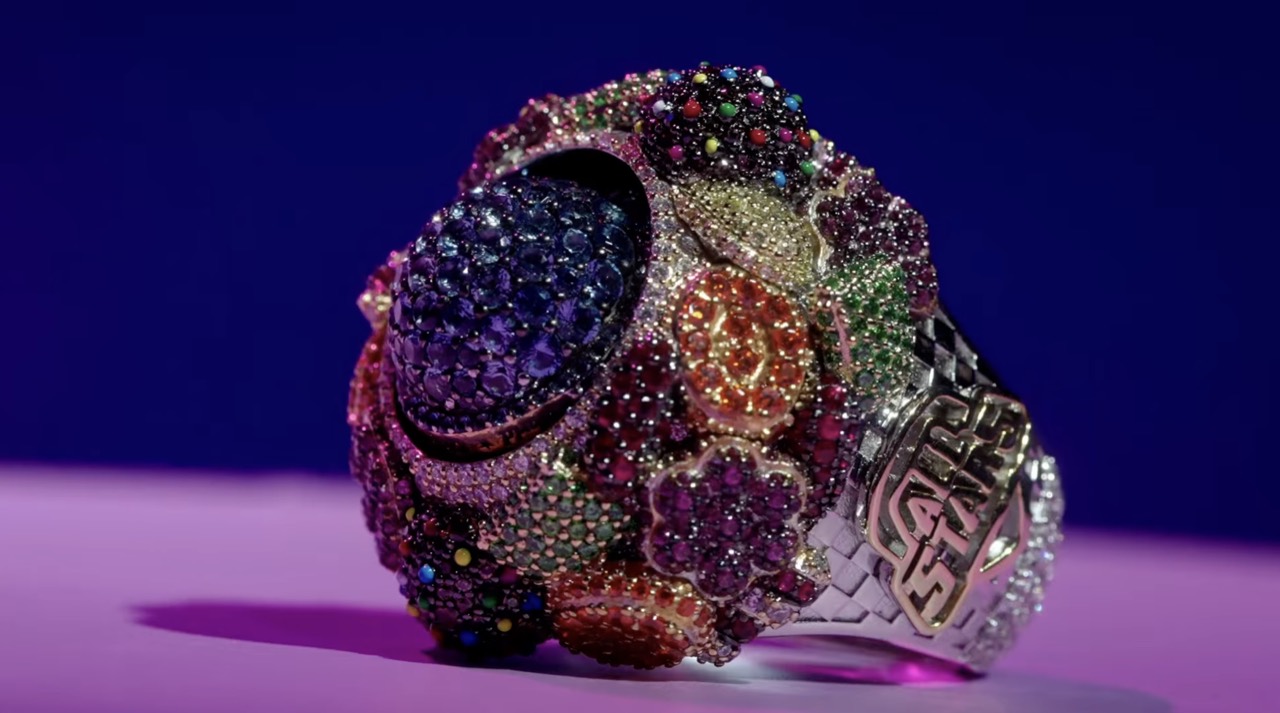 Candy Crush All Stars 2026 championship ring by Icebox, covered in colored gemstones